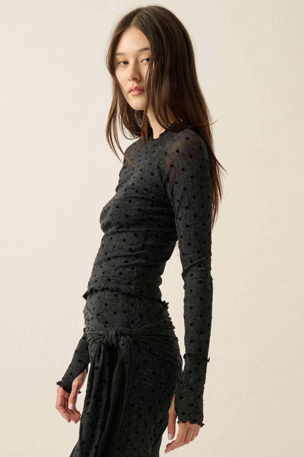 Flocked Polka Dot Burnout Mesh Raglan-Sleeve Thumbhole Top