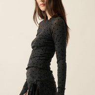 Flocked Polka Dot Burnout Mesh Raglan-Sleeve Thumbhole Top