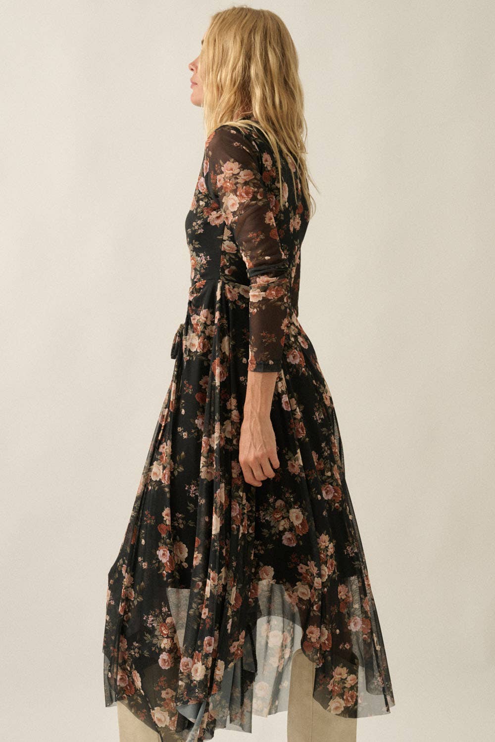Floral-Print Mesh Long-Sleeve Drawstring-Skirt Maxi Dress