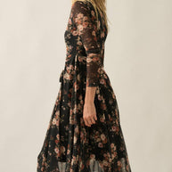 Floral-Print Mesh Long-Sleeve Drawstring-Skirt Maxi Dress