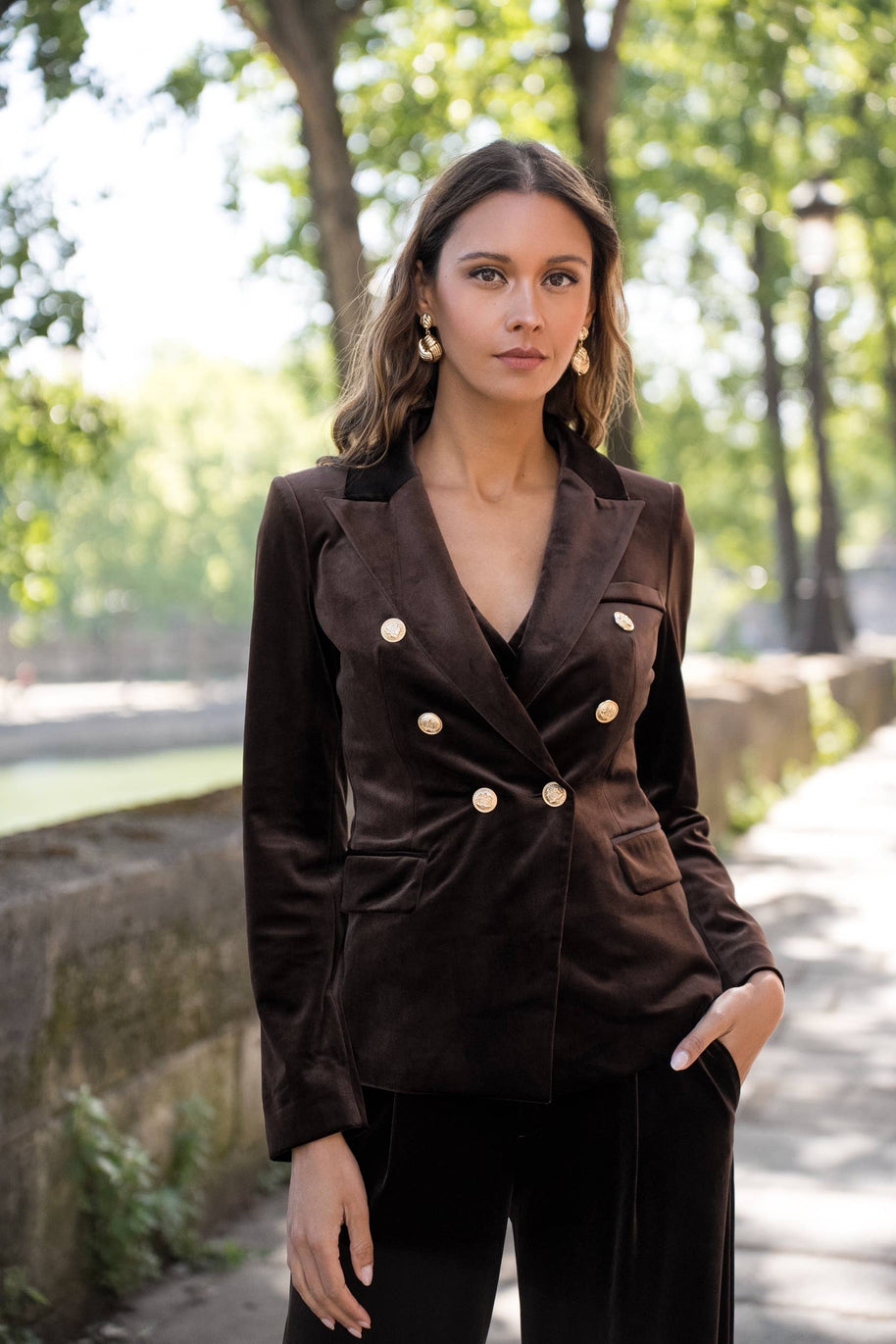 Double-breasted velvet blazer with gold buttons