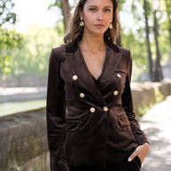 Double-breasted velvet blazer with gold buttons