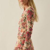 Floral-Print Mesh Princess-Seam Long-Sleeve Top