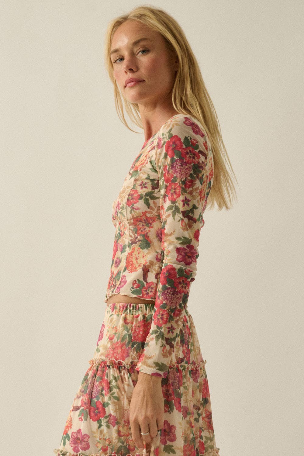 Floral-Print Mesh Princess-Seam Long-Sleeve Top