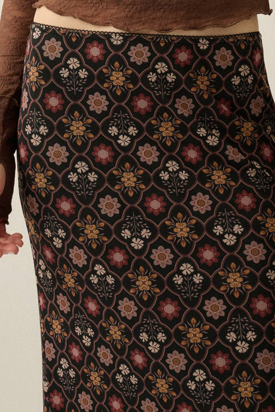 Floral-Print Mesh Elastic-Waist Straight Maxi Skirt