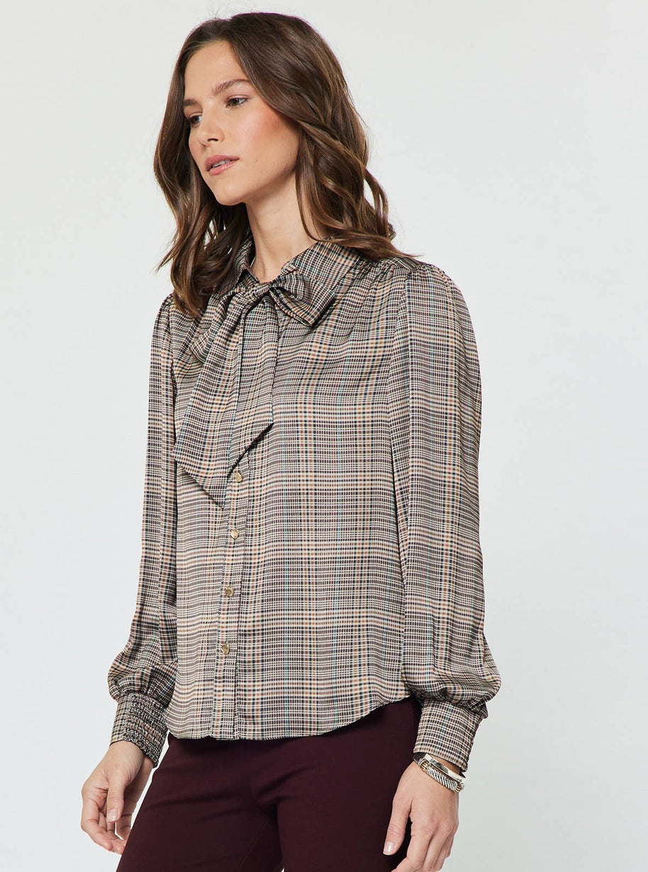 Plaid Button Down Blouse W/ Tie Multi S