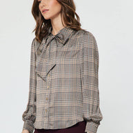 Plaid Button Down Blouse W/ Tie Multi S