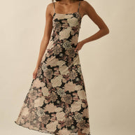 Floral-Print Mesh Midi Slip Dress
