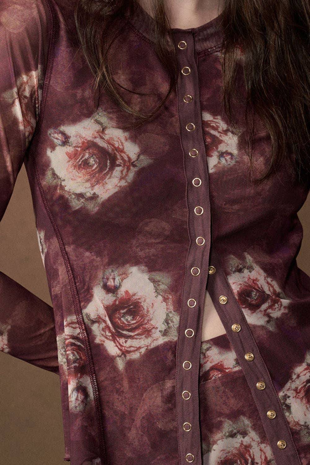 Floral-Print Long-Sleeve Snap-Front Mesh Top