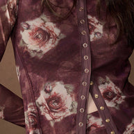 Floral-Print Long-Sleeve Snap-Front Mesh Top