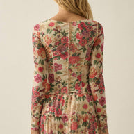 Floral-Print Mesh Princess-Seam Long-Sleeve Top
