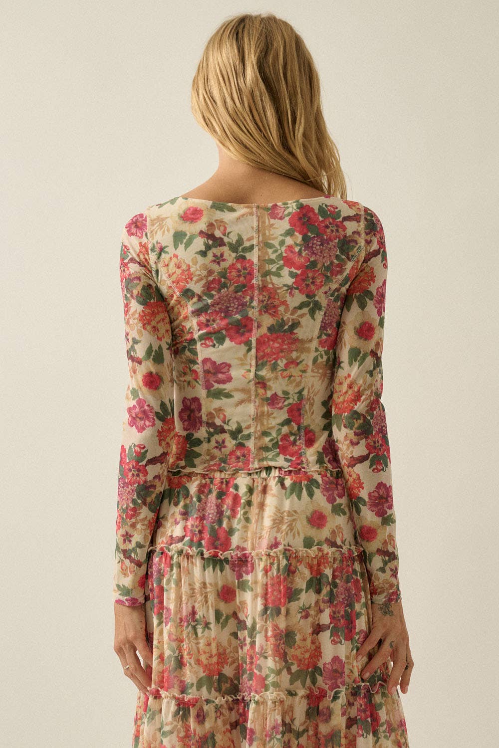 Floral-Print Mesh Princess-Seam Long-Sleeve Top
