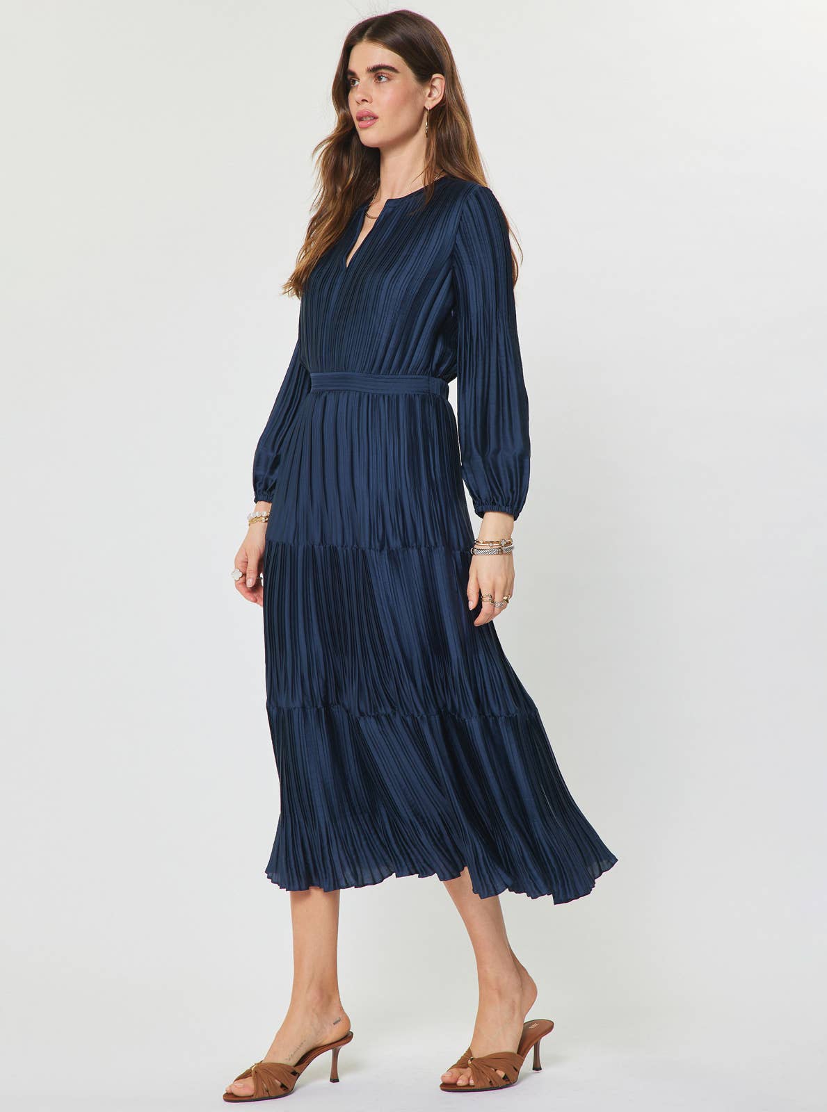 Pleated Long Sleeve Maxi Dress Navy S