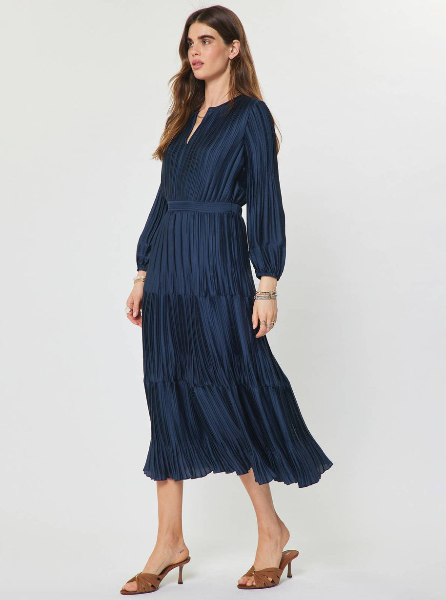 Pleated Long Sleeve Maxi Dress Navy S
