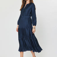Pleated Long Sleeve Maxi Dress Navy S