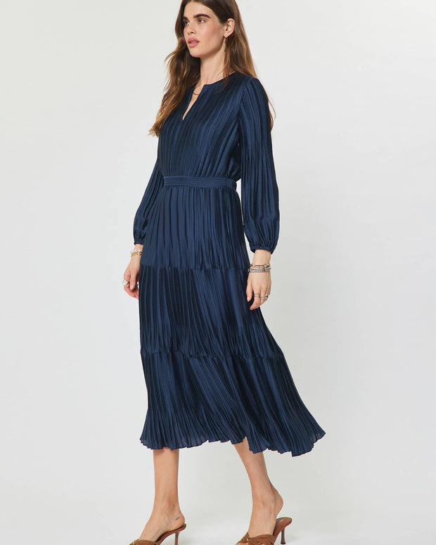 Pleated Long Sleeve Maxi Dress Navy S