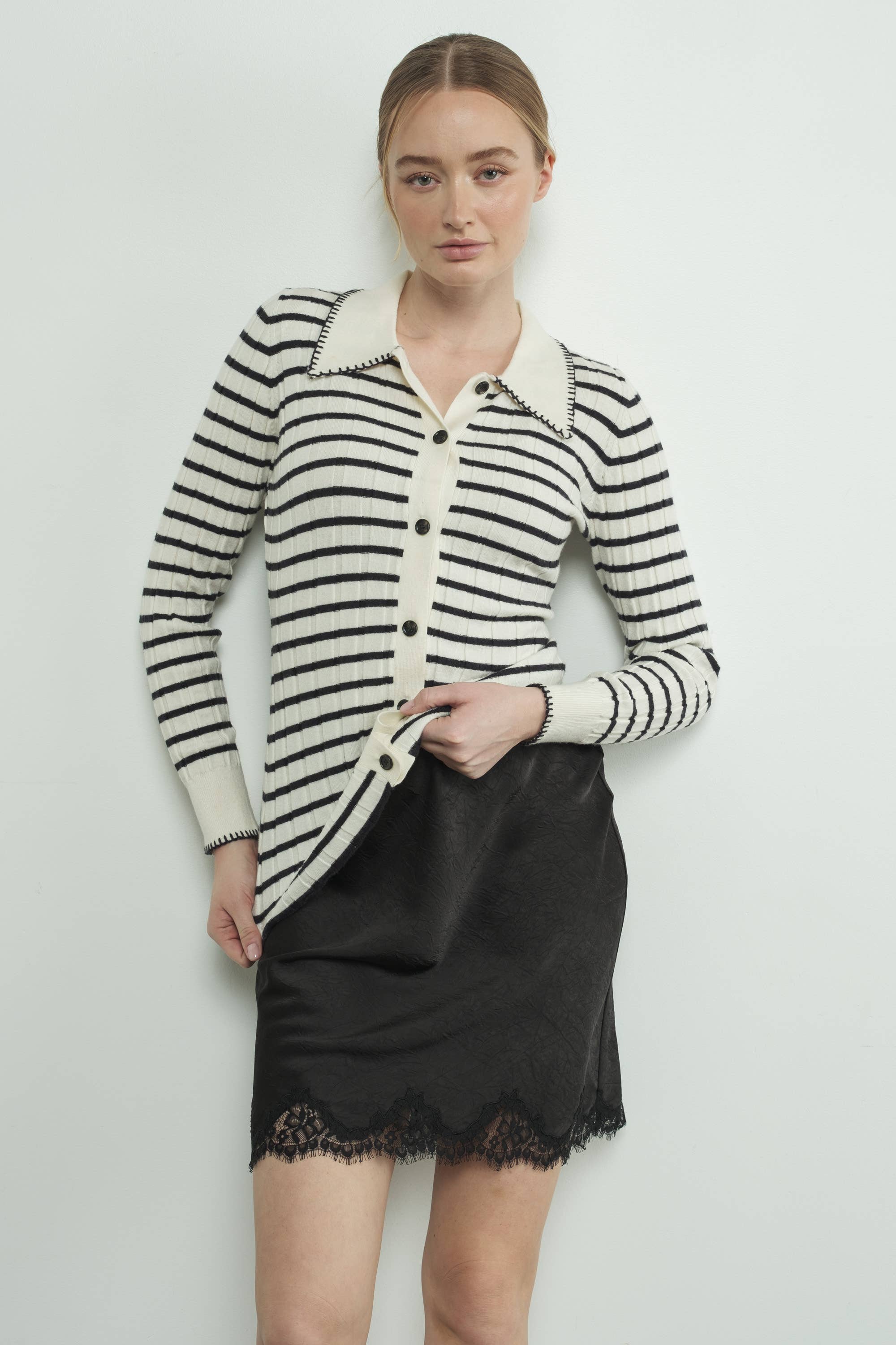 STRIPE COLLAR CARDIGAN WITH EDGE STITCH