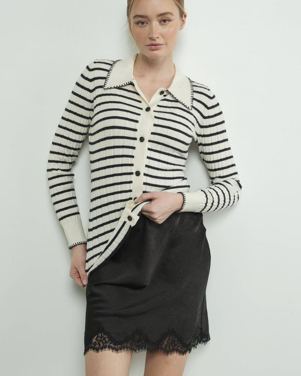 STRIPE COLLAR CARDIGAN WITH EDGE STITCH