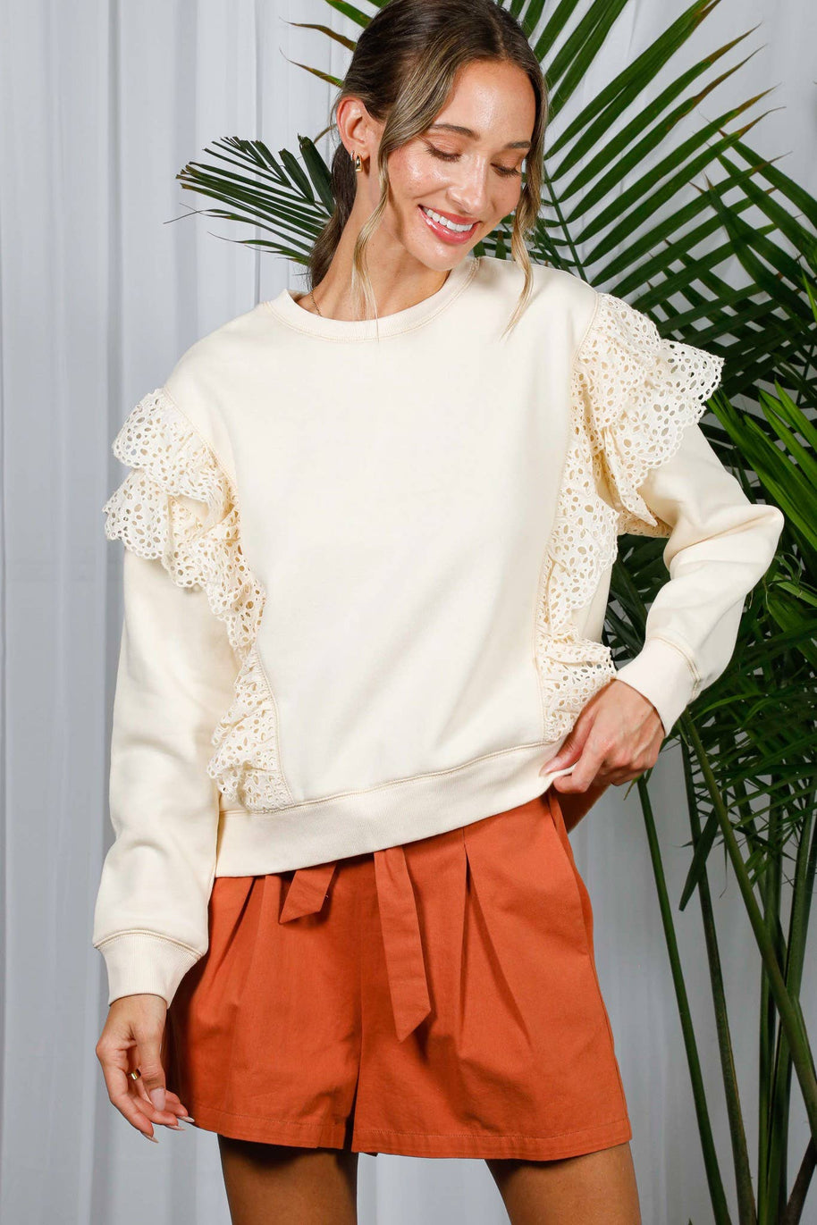 Eyelet Lace Trim Crew Neck Sweatshirt-Love