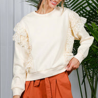 Eyelet Lace Trim Crew Neck Sweatshirt-Love