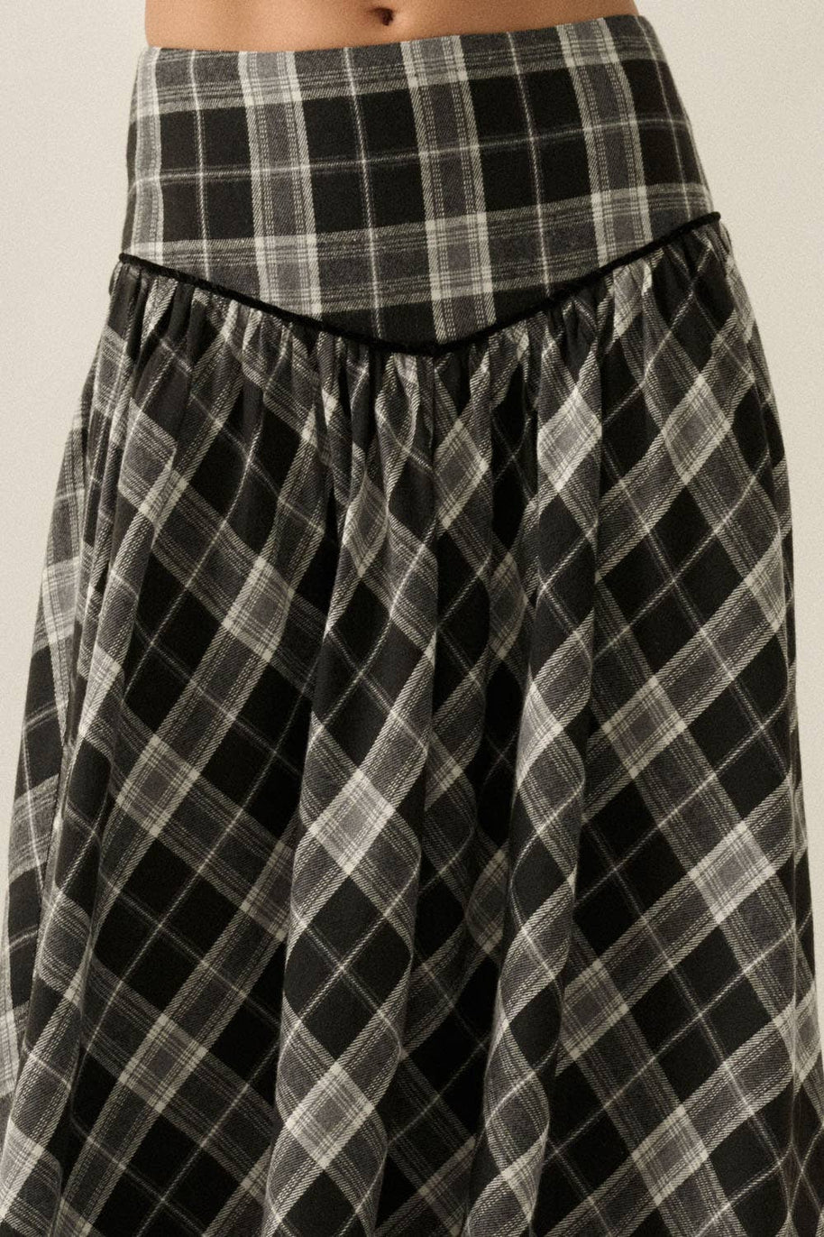 Plaid Drop-Waist Piping-Trimmed Maxi Skirt