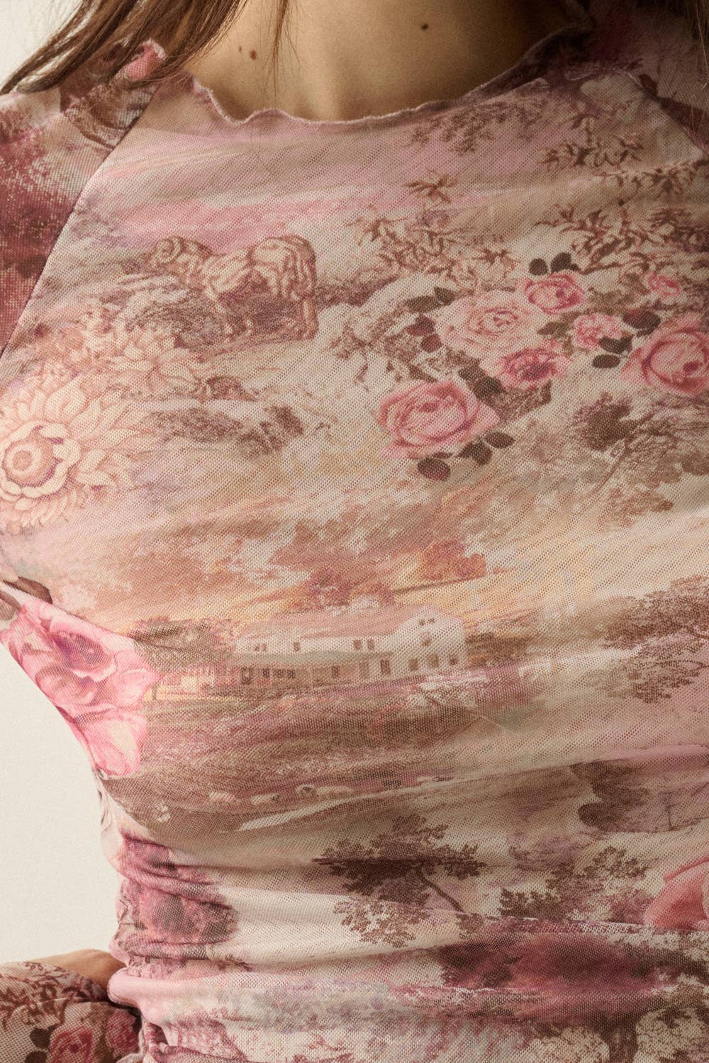 Floral-Print Mesh Round-Neck Long-Sleeve Thumbhole Top