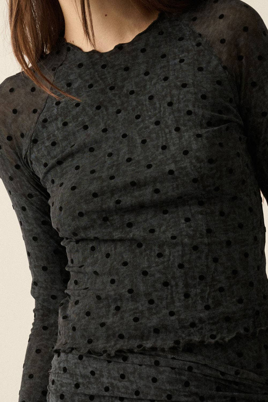Flocked Polka Dot Burnout Mesh Raglan-Sleeve Thumbhole Top