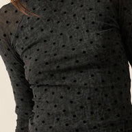 Flocked Polka Dot Burnout Mesh Raglan-Sleeve Thumbhole Top