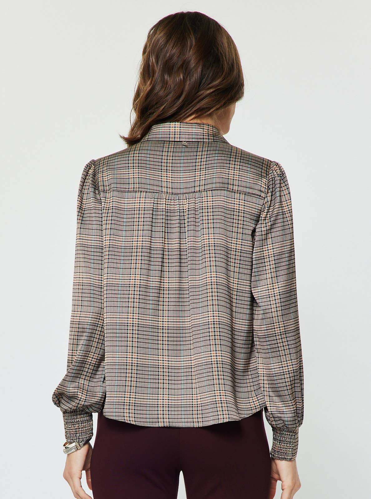 Plaid Button Down Blouse W/ Tie Multi M