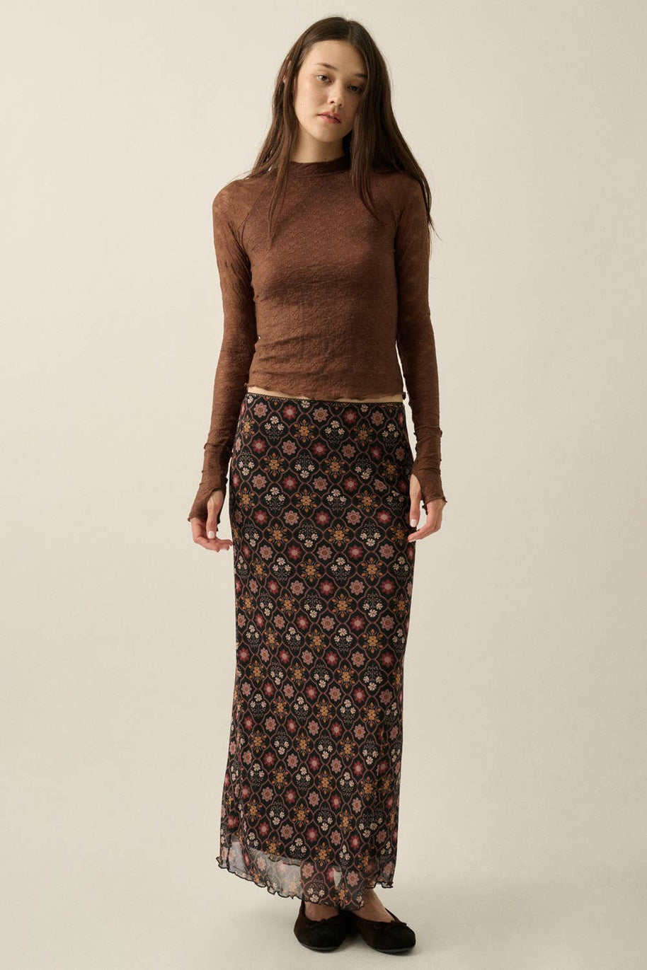 Floral-Print Mesh Elastic-Waist Straight Maxi Skirt