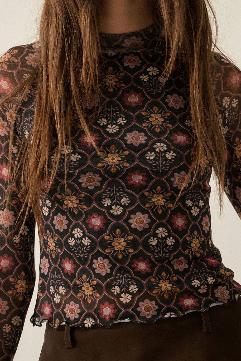 Floral Mesh Mock-Neck Raglan Thumbhole Fitted Top