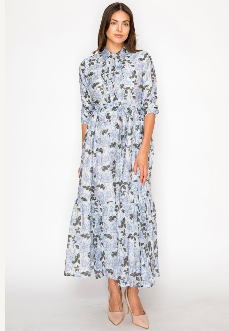 Floral belted collard dress