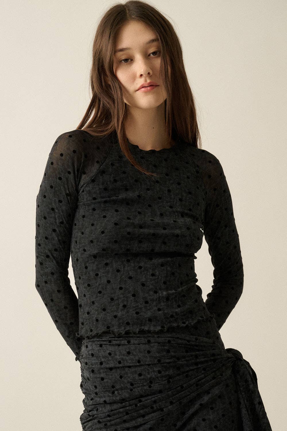 Flocked Polka Dot Burnout Mesh Raglan-Sleeve Thumbhole Top