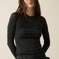 Flocked Polka Dot Burnout Mesh Raglan-Sleeve Thumbhole Top