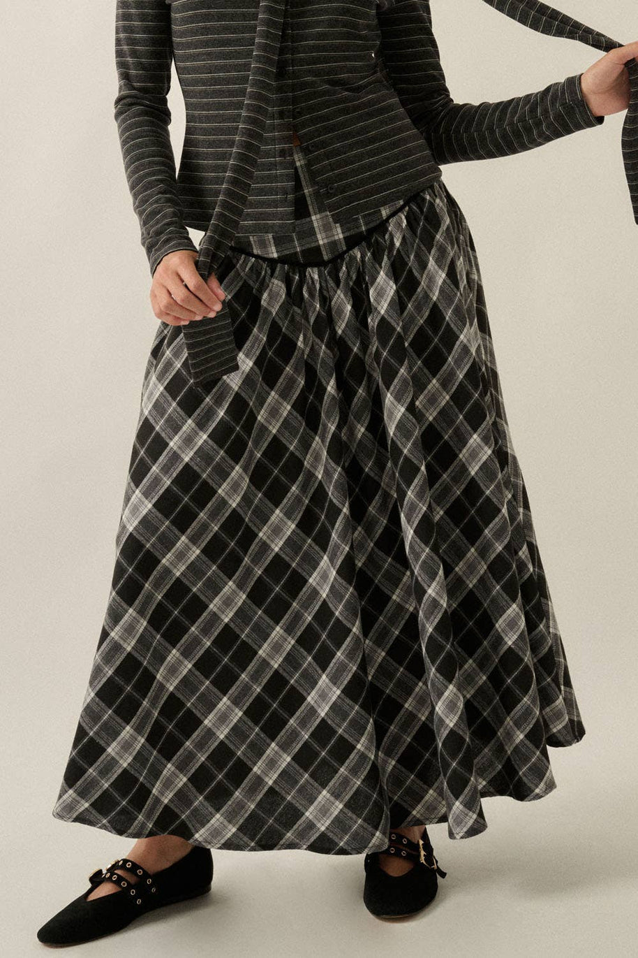 Plaid Drop-Waist Piping-Trimmed Maxi Skirt