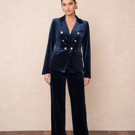 Double-breasted velvet blazer with gold buttons