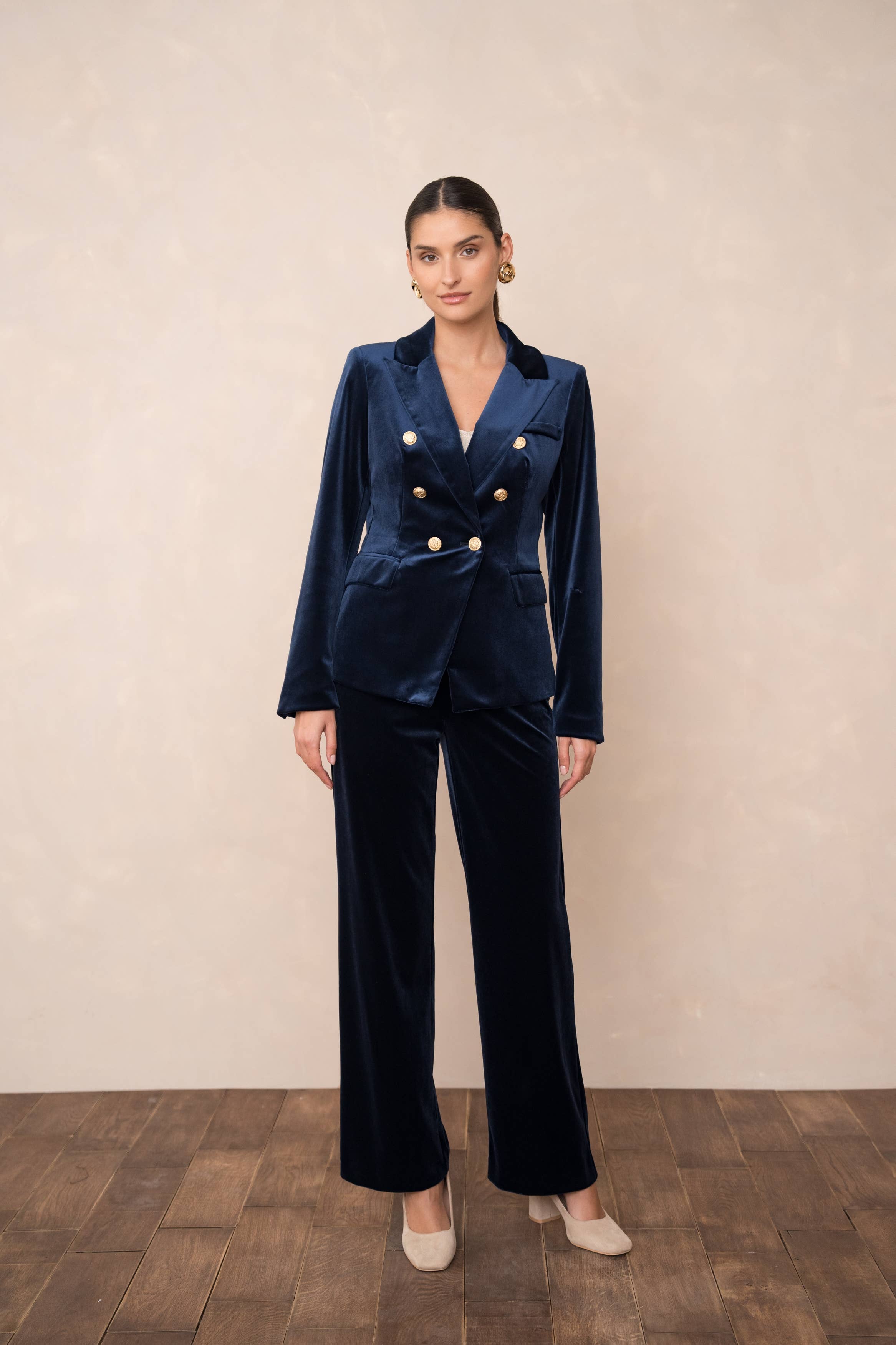 Double-breasted velvet blazer with gold buttons