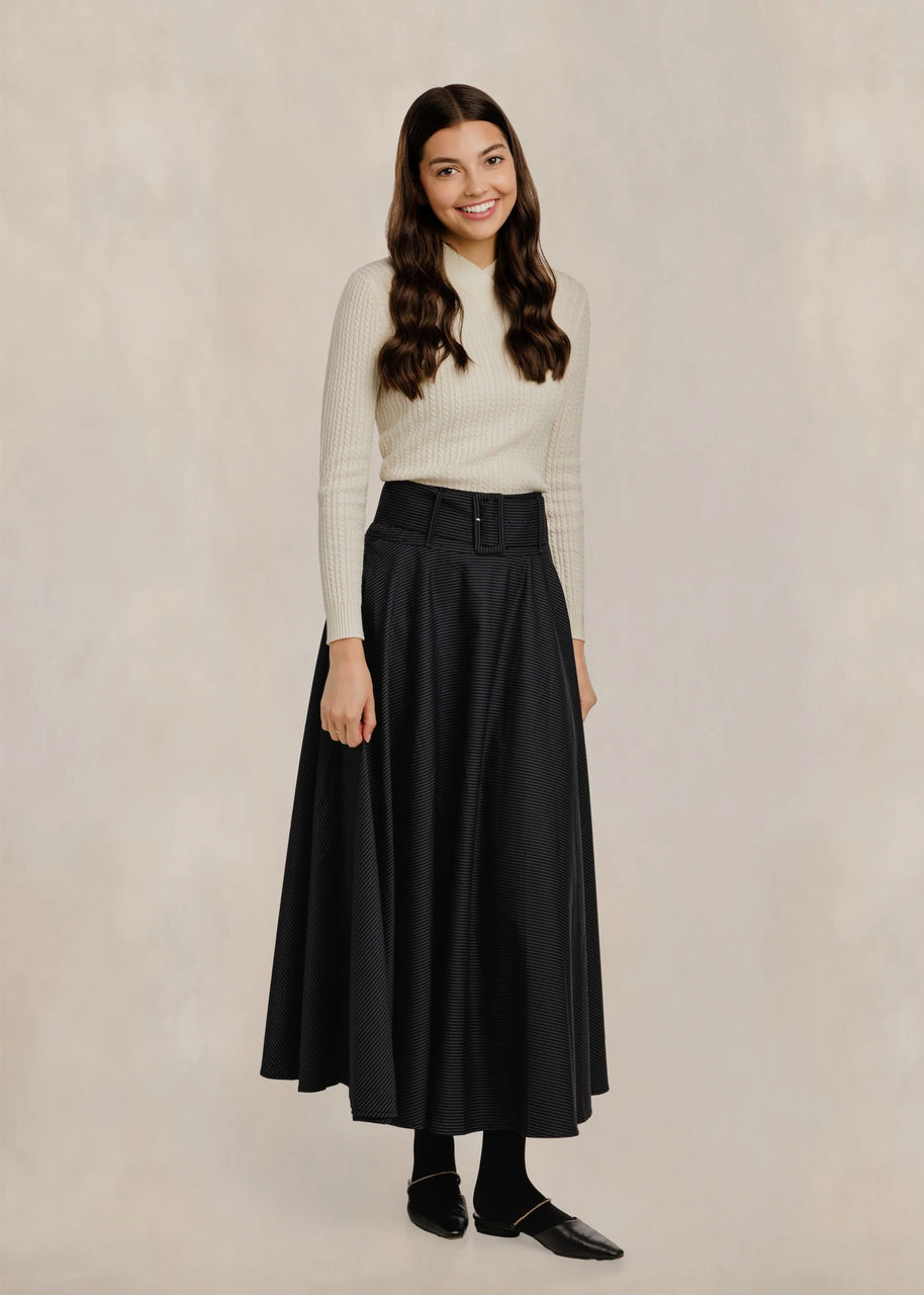 Pinstripe Circle Skirt W/ Wide Belt