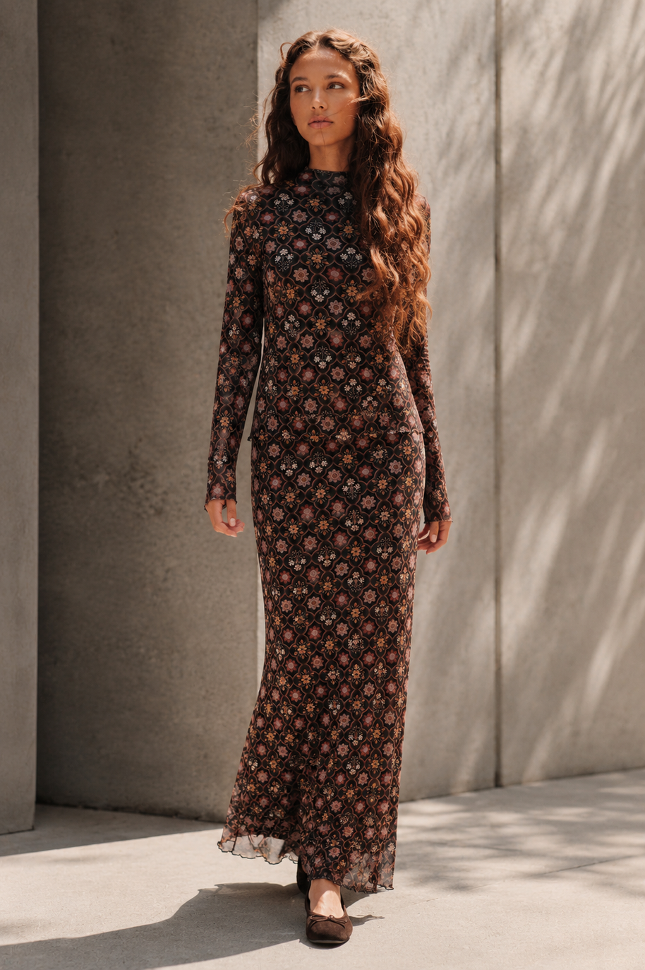 Floral-Print Mesh Elastic-Waist Straight Maxi Skirt