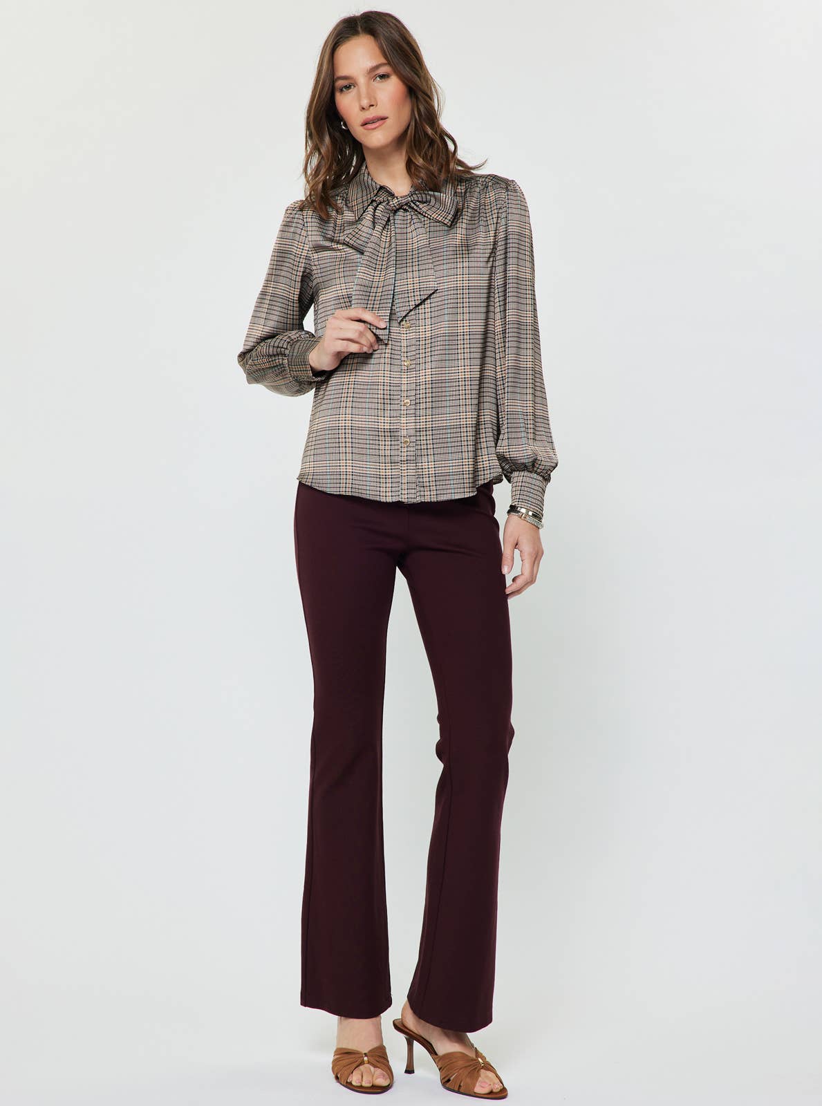 Plaid Button Down Blouse W/ Tie Multi L