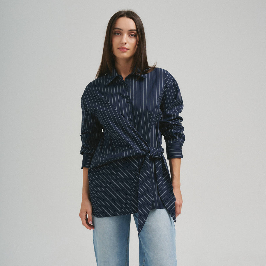 Asymmetrical tie waist shirt NAVY