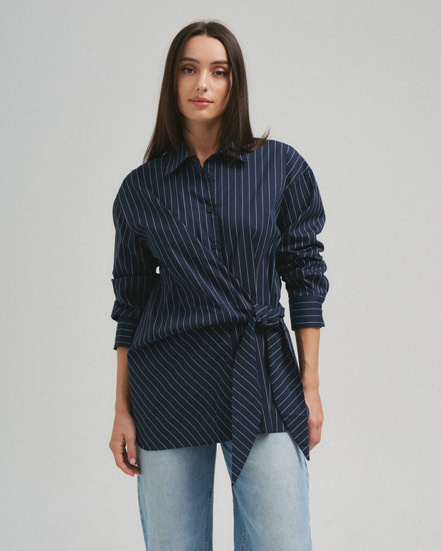 Asymmetrical tie waist shirt NAVY