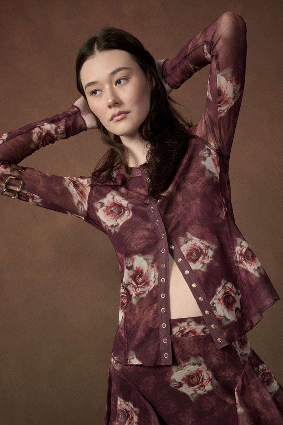 Floral-Print Long-Sleeve Snap-Front Mesh Top Mulberry