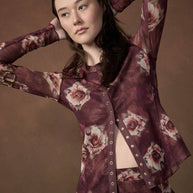 Floral-Print Long-Sleeve Snap-Front Mesh Top Mulberry