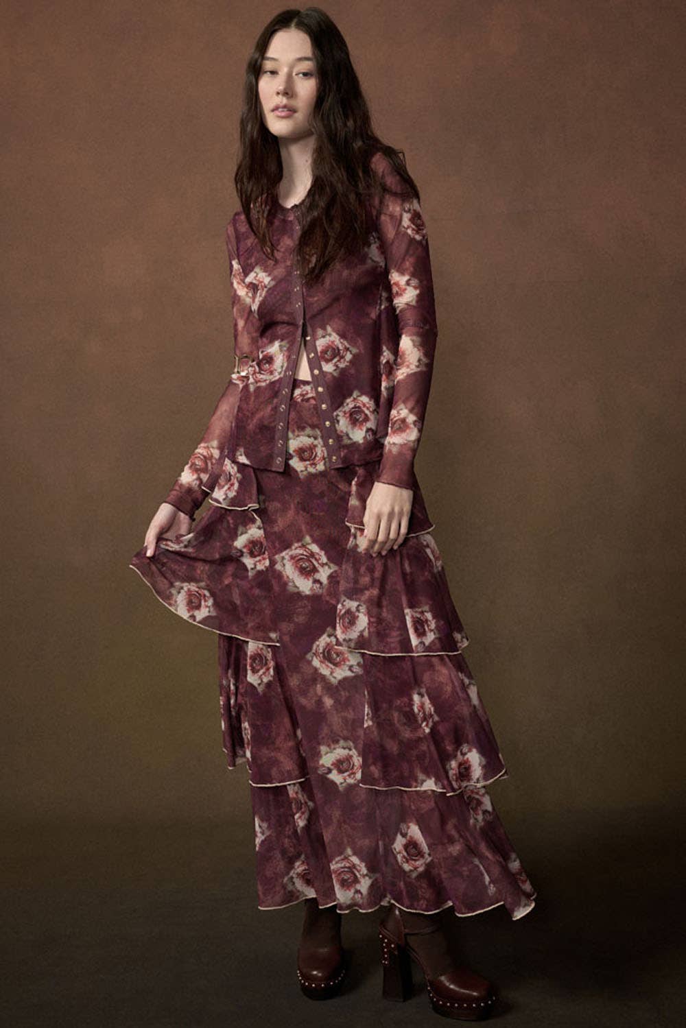Floral-Print Long-Sleeve Snap-Front Mesh Top