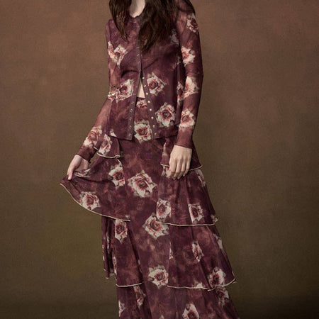 Floral-Print Long-Sleeve Snap-Front Mesh Top