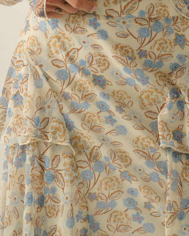 Floral Mesh Side-Ruffle Tiered Maxi Skirt