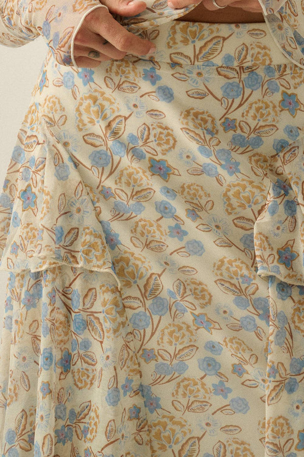 Floral Mesh Side-Ruffle Tiered Maxi Skirt