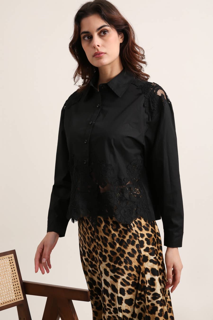 Cotton shirt with lace inserts