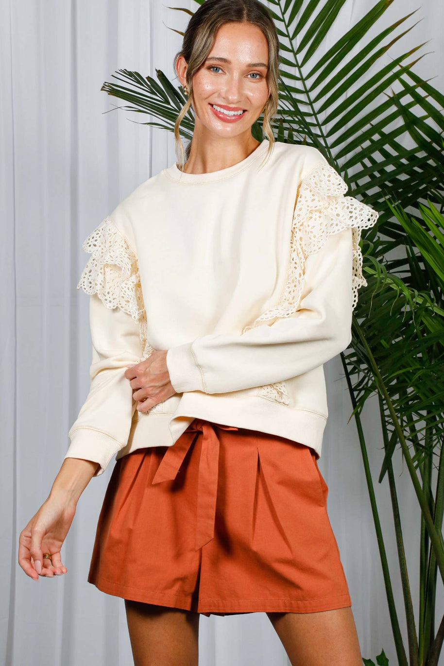 Eyelet Lace Trim Crew Neck Sweatshirt-Love